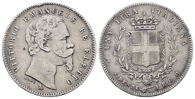 Re Eletto. Firenze. Vittorio Emanuele II (1859-1860). 1 Lira 1860. Gig.13; Ag; 5gr. Colpetto