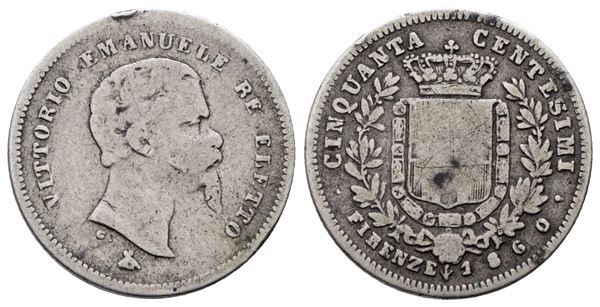 RE ELETTO. FIRENZE. Vittorio Emanuele II (1859-1860). 50 centesimi 1860. Gig.15; Ag; 2,5gr.