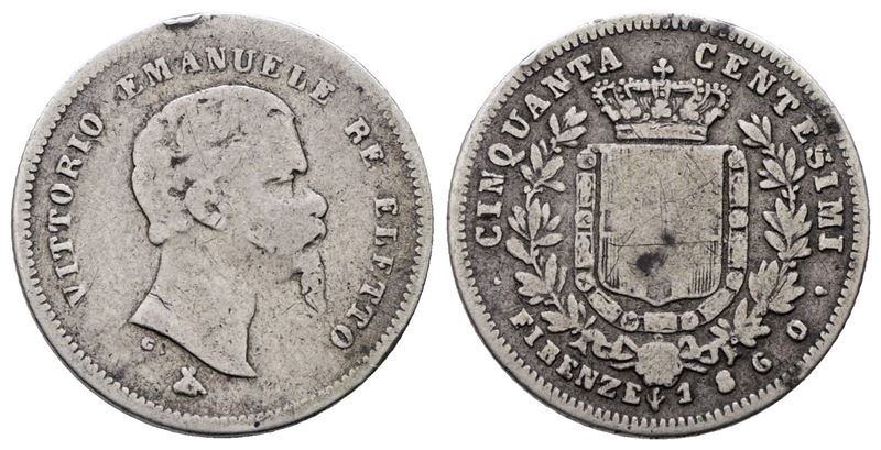 Re Eletto. Firenze. Vittorio Emanuele II (1859-1860). 50 Centesimi 1860. Gig.15; Ag; 2,5gr.