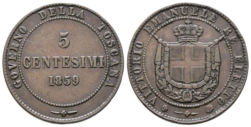 Re Eletto. Vittorio Emanuele II (1859-1860). 5 Centesimi 1859. Gig.17; Cu; 5gr.