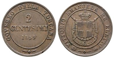 Re Eletto. Vittorio Emanuele II (1859-1860). 2 Centesimi 1859. Gig.18; Cu; 2gr.