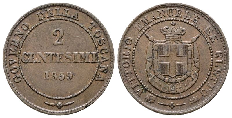 Re Eletto. Vittorio Emanuele II (1859-1860). 2 Centesimi 1859. Gig.18; Cu; 2gr.