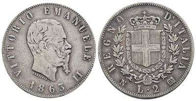 Regno D'italia. Napoli. Vittorio Emanuele II (1861-1878). 2 Lire 1863 Stemma. Gig. 56; Ag; 10gr