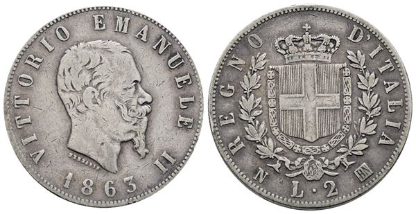 REGNO D'ITALIA. NAPOLI. Vittorio Emanuele II (1861-1878). 2 lire 1863 stemma. Gig. 56; Ag; 10gr