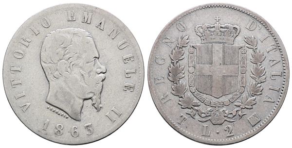 REGNO D'ITALIA. TORINO. Vittorio Emanuele II (1861-1878). 2 lire 1863 stemma. Gig. 57; Ag; 10gr