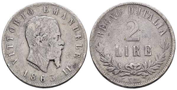 REGNO D'ITALIA. NAPOLI. Vittorio Emanuele II (1861-1878). 2 lire 1863 valore. Gig. 58; Ag; 10gr