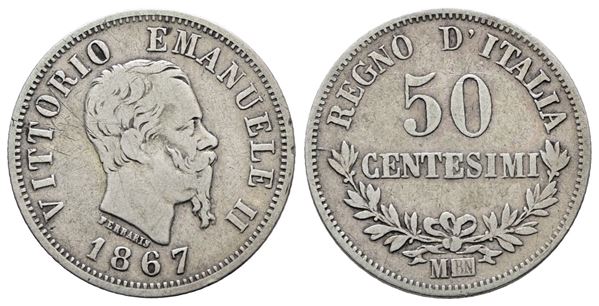 REGNO D'ITALIA. MILANO. Vittorio Emanuele II (1861-1878). 50 centesimi 1867 valore. Gig. 80; Ag; 2,5gr.