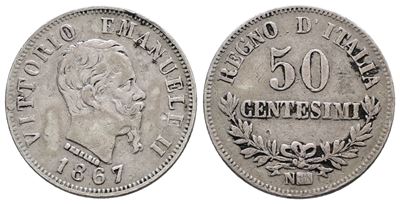 Regno D'italia. Napoli. Vittorio Emanuele II (1861-1878). 50 Centesimi 1867 Valore. Gig. 81; Ag; ...