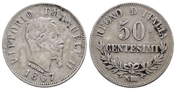 REGNO D'ITALIA. NAPOLI. Vittorio Emanuele II (1861-1878). 50 centesimi 1867 valore. Gig. 81; Ag; 2,5gr.
