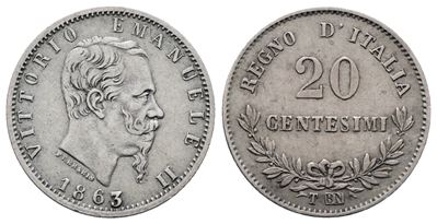 Regno D'italia. Torino. Vittorio Emanuele II (1861-1878). 20 Centesimi 1863 Valore. Gig. 85; Ag; ...