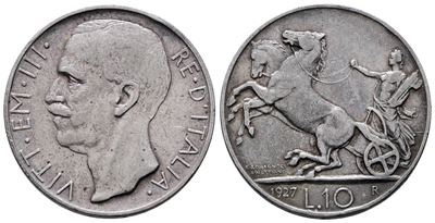 Regno D'italia. Vittorio Emanuele III (1900-1943). 10 Lire 1927 * Biga. Gig. 56; Ag; 10gr. Bb