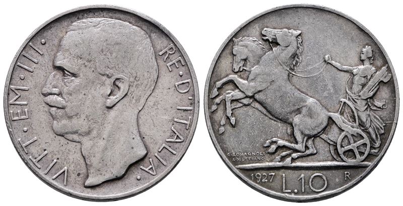 Regno D'italia. Vittorio Emanuele III (1900-1943). 10 Lire 1927 * Biga. Gig. 56; Ag; 10gr. Bb
