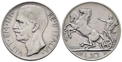 Regno D'italia. Vittorio Emanuele III (1900-1943). 10 Lire 1927 ** Biga. Gig. 56a; Ag; 10gr. Bb