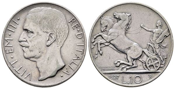REGNO D'ITALIA. Vittorio Emanuele III (1900-1943). 10 lire 1927 ** biga. Gig. 56a; Ag; 10gr.