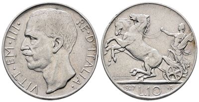 Regno D'italia. Vittorio Emanuele III (1900-1943). 10 Lire 1927 ** Biga. Gig. 56a; Ag; 10gr.