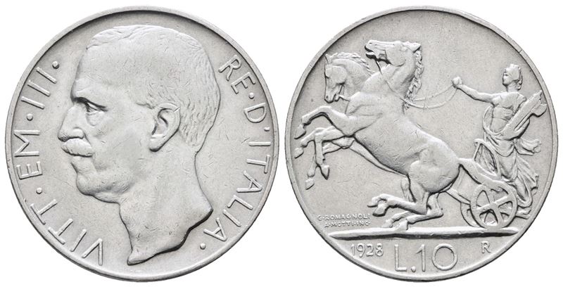 Regno D'italia. Vittorio Emanuele III (1900-1943). 10 Lire 1928 * Biga. Gig. 57; Ag; 10gr.