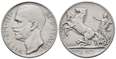 Regno D'italia. Vittorio Emanuele III (1900-1943). 10 Lire 1929 * Biga. Gig. 58; Ag; 10gr.
