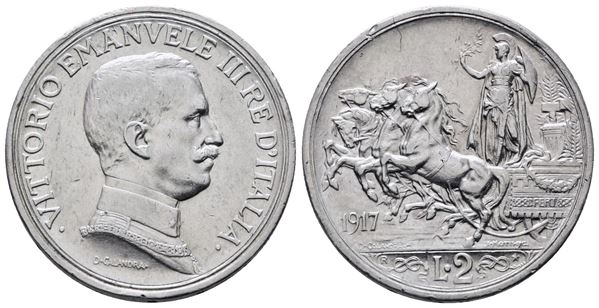 REGNO D'ITALIA. Vittorio Emanuele III (1900-1943). 2 lire 1917 quadriga briosa. Gig. 104; Ag; 10gr.