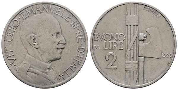 REGNO D'ITALIA. Vittorio Emanuele III (1900-1943). 2 lire 1926 fascio. Gig. 108; Ni; 10gr.
