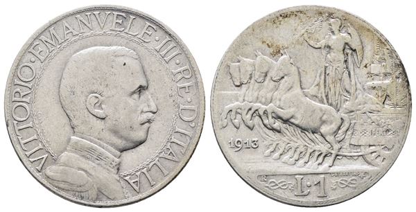 REGNO D'ITALIA. Vittorio Emanuele III (1900-1943). 1 lira 1913 quadriga veloce. Gig. 136; Ag; 5gr.