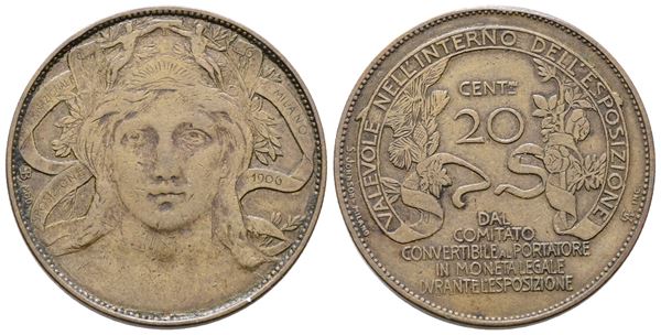REGNO D'ITALIA. Vittorio Emanuele III (1900-1943). Buono 20 centesimi Fiera di Milano 1906. Gig. 2; Cu; 9,42gr.