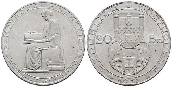 PORTOGALLO. 20 escudos 1953 "Rinnovamento finanziario". KM 585; Ag; 21gr