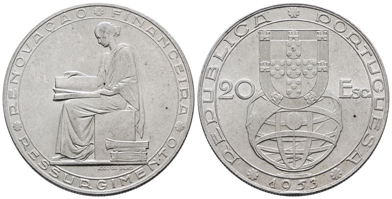 Portogallo. 20 Escudos 1953 "rinnovamento Finanziario". Km 585; Ag; 21gr