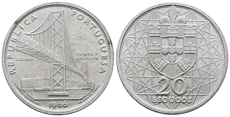 PORTOGALLO. 20 escudos 1966 "Ponte Salazar". KM 592; Ag; 10gr