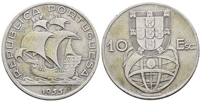 Portogallo. 10 Escudos 1955. Km 586; Ag; 12,5gr