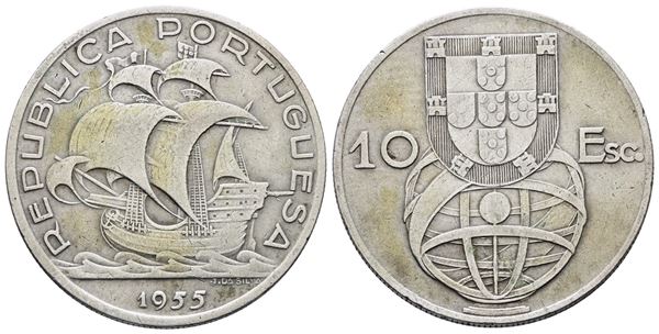 PORTOGALLO. 10 escudos 1955. KM 586; Ag; 12,5gr