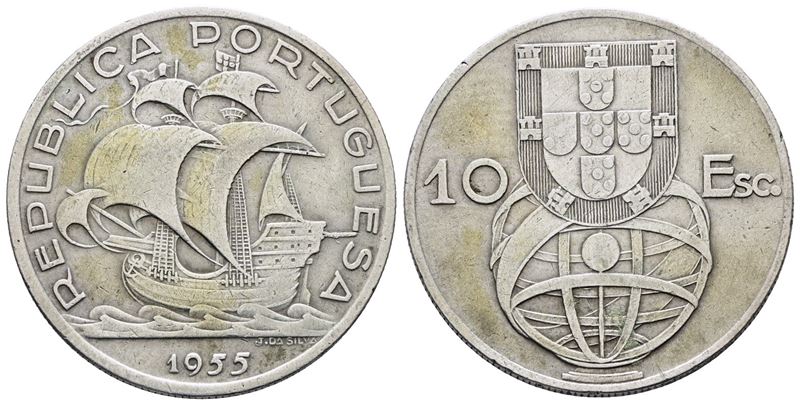 Portogallo. 10 Escudos 1955. Km 586; Ag; 12,5gr