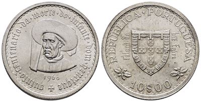 Portogallo, 10 Escudos 1960 "Enrico il navigatore", KM 588, Argento, 12,5 g