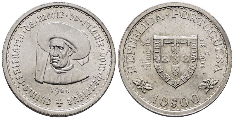 Portogallo, 10 Escudos 1960 "Enrico il navigatore", KM 588, Argento, 12,5 g