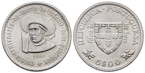 PORTOGALLO. 5 escudos 1960 "Enrico il navigatore". KM 586; Ag; 7gr