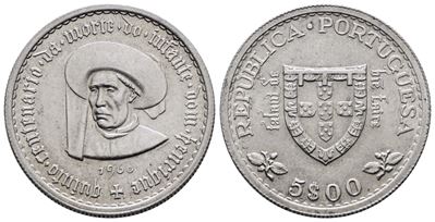 Portogallo. 5 Escudos 1960 "enrico il Navigatore". Km 586; Ag; 7gr