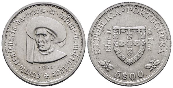 PORTOGALLO. 5 escudos 1960 "Enrico il navigatore". KM 586; Ag; 7gr