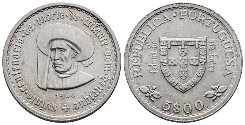 Portogallo. 5 Escudos 1960 "enrico il Navigatore". Km 586; Ag; 7gr