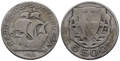 Portogallo, 5 escudos, 1932, KM 581, argento, 7 g