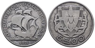 Portogallo, 5 escudos 1934, KM 581, argento, 7 grammi