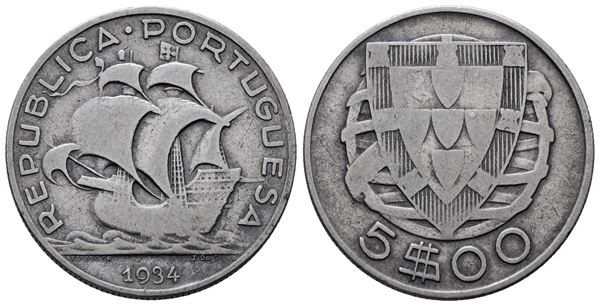PORTOGALLO. 5 escudos 1934. KM 581; Ag; 7gr