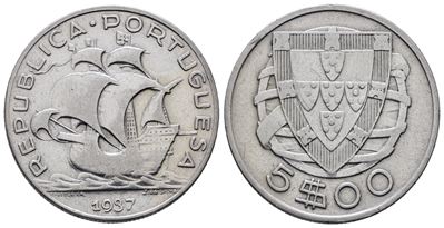 Portogallo. 5 Escudos 1937. Km 581; Ag; 7gr