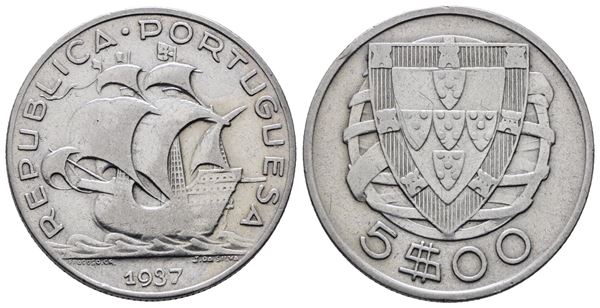 PORTOGALLO. 5 escudos 1937. KM 581; Ag; 7gr