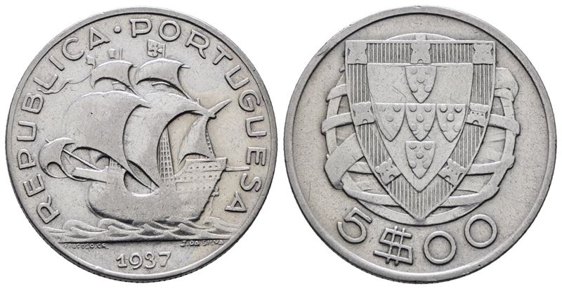 Portogallo. 5 Escudos 1937. Km 581; Ag; 7gr