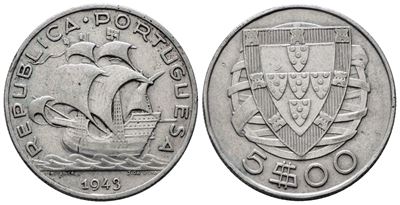 Portogallo, 5 escudos 1943, KM 581, argento, 7 grammi