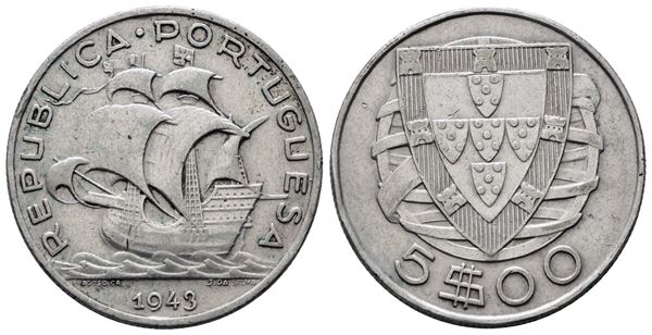 PORTOGALLO. 5 escudos 1943. KM 581; Ag; 7gr