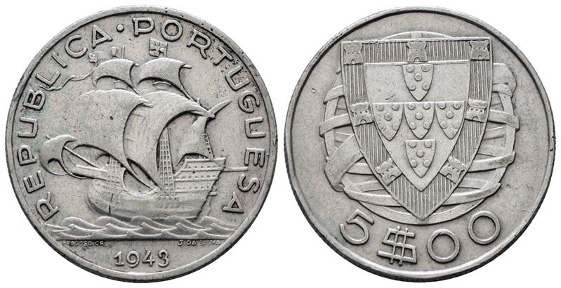 Portogallo, 5 escudos 1943, KM 581, argento, 7 grammi