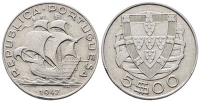 Portogallo. 5 Escudos 1947. Km 581; Ag; 7gr