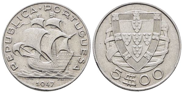 PORTOGALLO. 5 escudos 1947. KM 581; Ag; 7gr