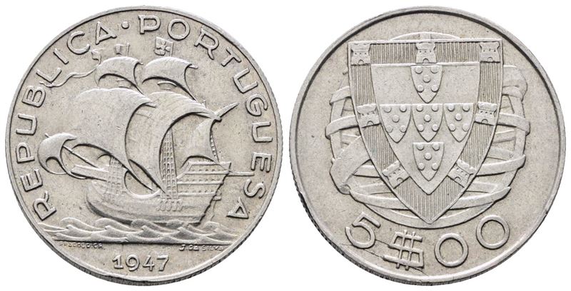 Portogallo. 5 Escudos 1947. Km 581; Ag; 7gr