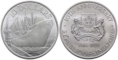Singapore. 10 Dollari 1975 "10° Anniversario Indipendenza". Km 11; Ag; 31,1gr